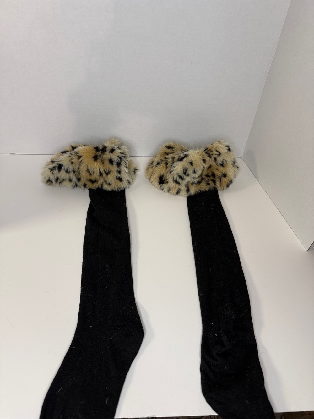 Faux Fur Leopard Cuff Black Womens  Knee-High Socks